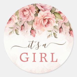 Blush Rose Watercolor Baby Shower It's A Girl Classic Round Sticker