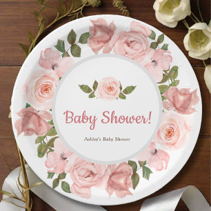 Blush Rose Watercolor Floral Baby Shower Paper Plate