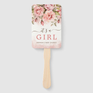 Blush Rose Watercolor It's a Girl Baby Shower Hand Fan