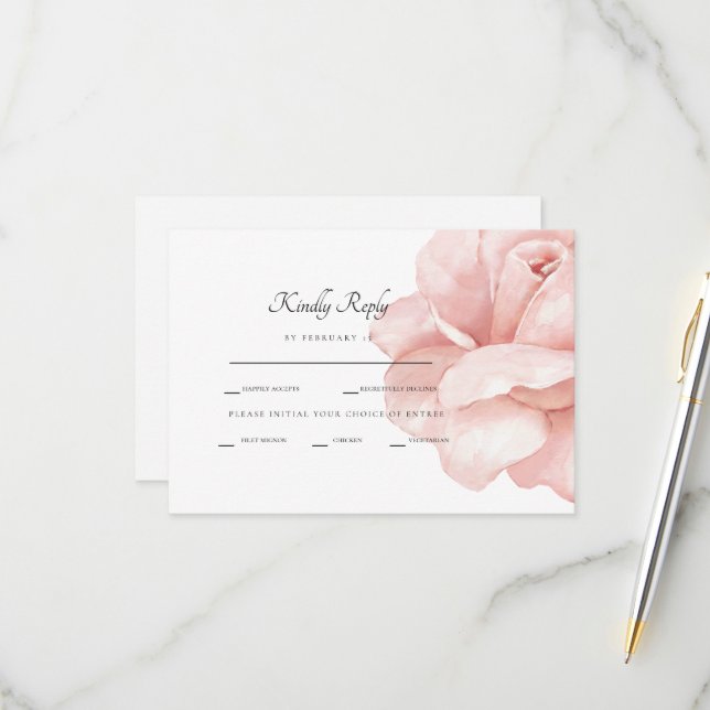 Blush Rose Wedding Reception Dinner White RSVP Card (Front/Back In Situ)