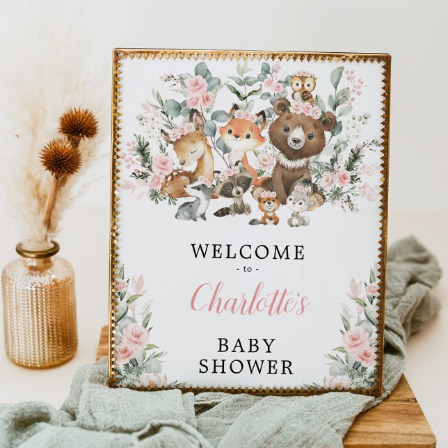 Blush Rose Woodland Animals Baby Shower Welcome Poster (Creator Uploaded)