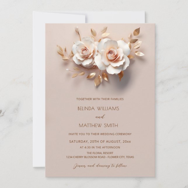 Blush  RoseGold 3 D Flowers Invitation (Front)