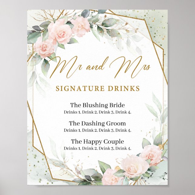 Blush roses and greenery gold signature drinks poster (Front)