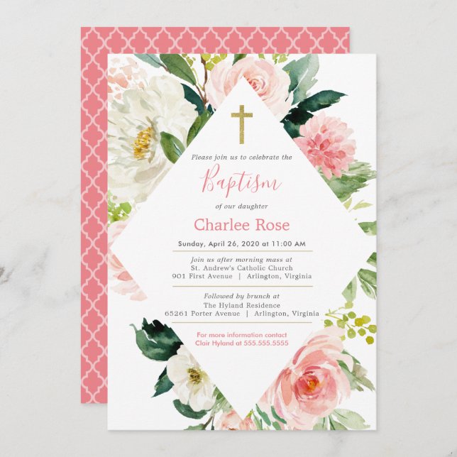Blush Roses Baby Baptism and Brunch Pink & White Invitation (Front/Back)