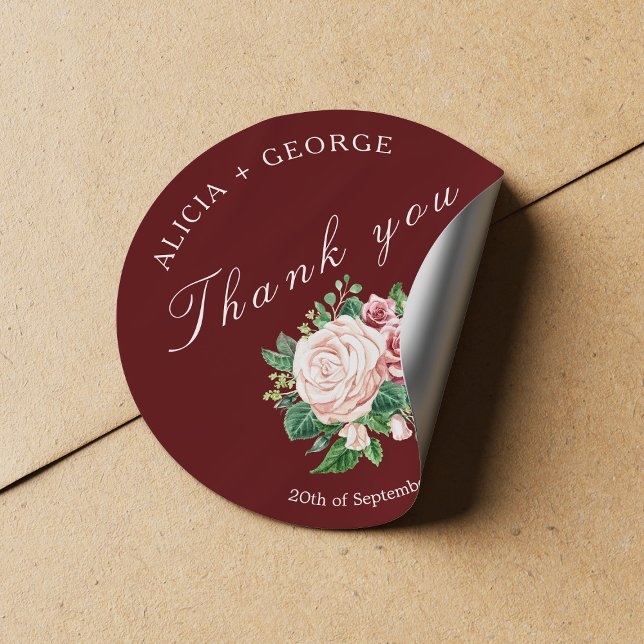 Blush Roses Bouquet Chic Wedding Thank You Classic Round Sticker (Creator Uploaded)