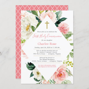 Blush Roses First Communion & Brunch Pink & White Invitation