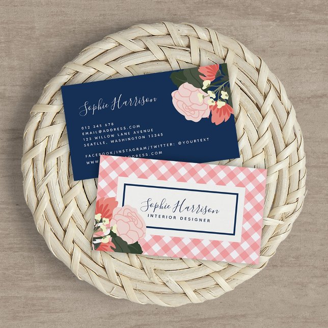 Blush Roses Floral and Blush Coral Gingham Business Card (Creator Uploaded)