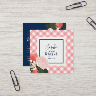 Blush Roses Floral and Blush Coral Gingham Square Business Card