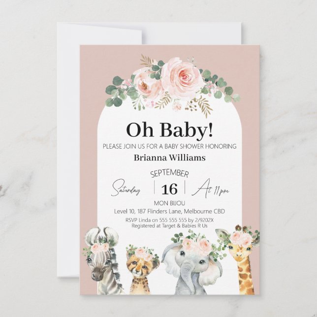 Blush Roses Floral Arch Safari Baby Shower Invitation (Front)