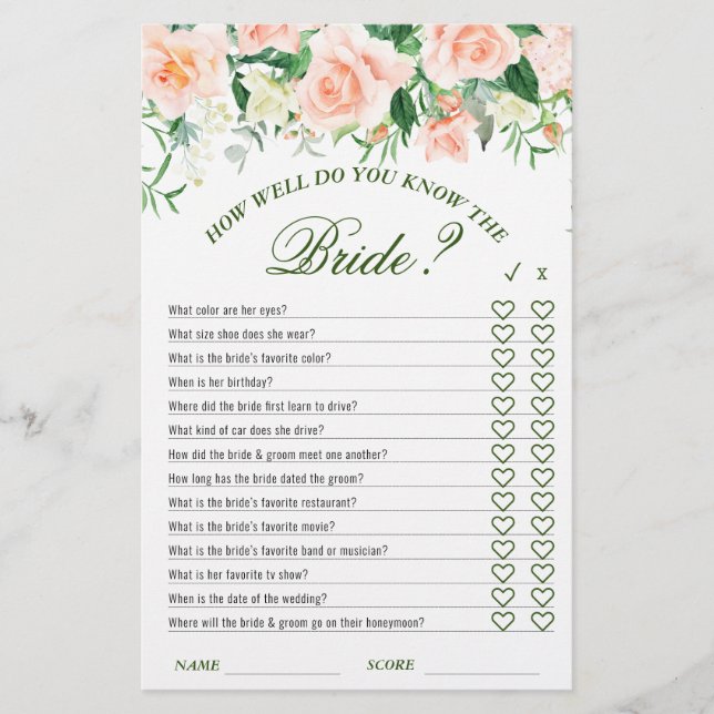 Blush Roses Floral Double-Sided Bridal Shower Game (Front)