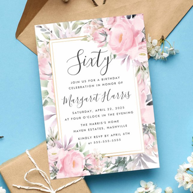 Blush Roses Floral Gold Frame 60th Sixty Birthday Invitation (Creator Uploaded)