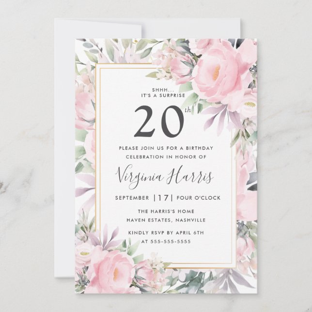 Blush Roses Floral Twenty 20th Birthday Invitation (Front)