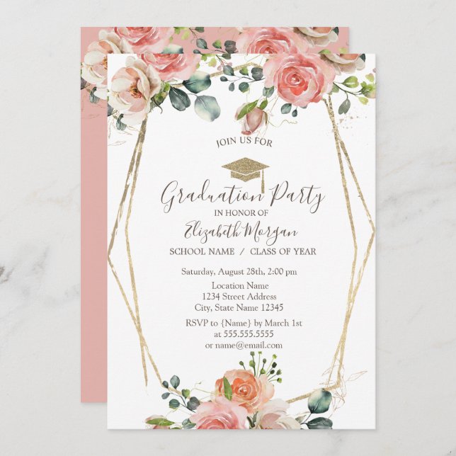 Blush Roses Frame,Grad Cap,Graduation  Invitation (Front/Back)