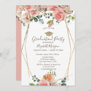 Blush Roses Frame,Grad Cap,Graduation  Invitation