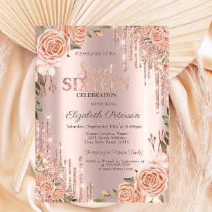 Blush Roses Glitter Drips Rose Gold  Sweet 16 Invitation