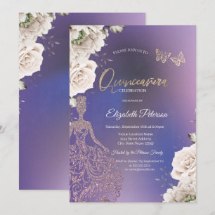  Blush Roses Glitter Girl  Purple Quinceañera  Invitation