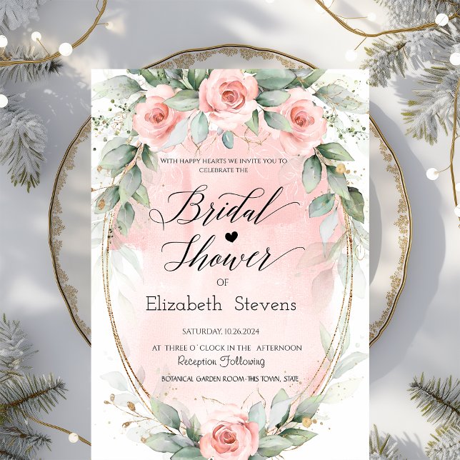 Blush Roses Gold Frame Script Bridal Shower   Invitation (Creator Uploaded)