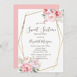 Blush Roses Gold Frame Sweet 16 Invitation