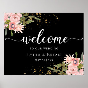 Blush Roses & Gold on Black Wedding Welcome Sign