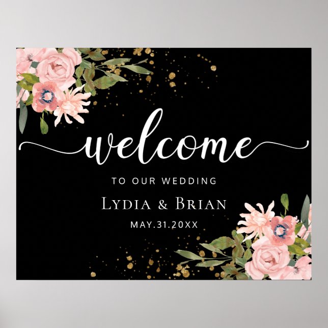 Blush Roses & Gold on Black Wedding Welcome Sign (Front)