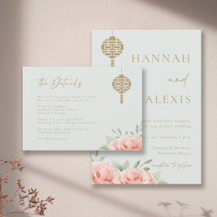 Blush Roses Green Leaves Chinese Wedding Details Invitation