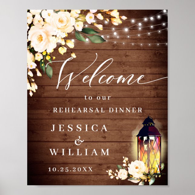 Blush Roses Lantern Rustic Wood Rehearsal Dinner Poster (Front)