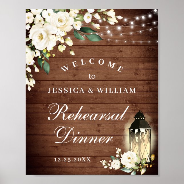 Blush Roses Lantern Rustic Wood Rehearsal Dinner Poster (Front)