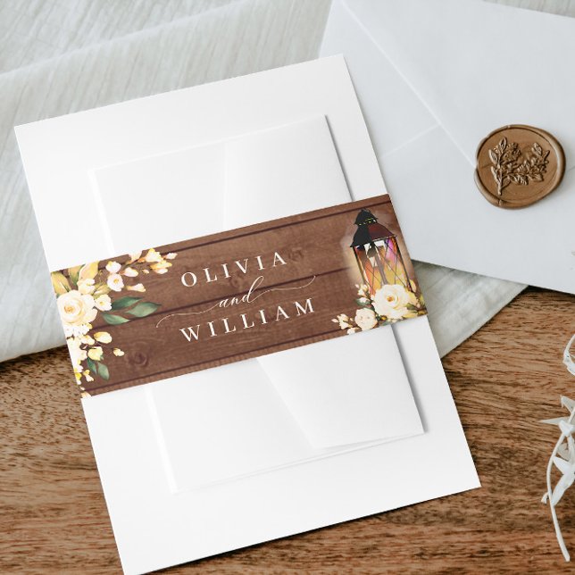 Blush Roses Lantern Rustic Wood Wedding Invitation Belly Band (Creator Uploaded)