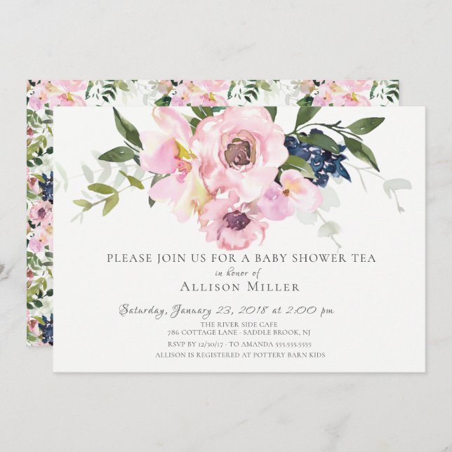 Blush Roses & Peonies Baby Tea Party Invitation (Front/Back)