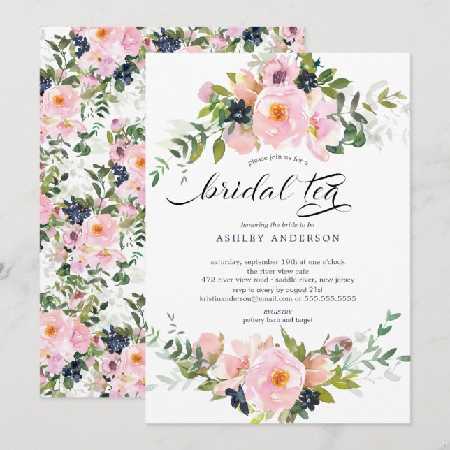 Blush Roses & Peonies Bridal Shower Bridal Tea Invitation (Front/Back)
