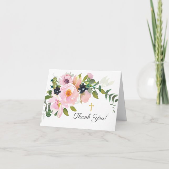 Blush Roses & Peonies Communion Thank You Note Card (Front)