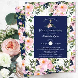 Blush Roses & Peonies First Communion Invitation