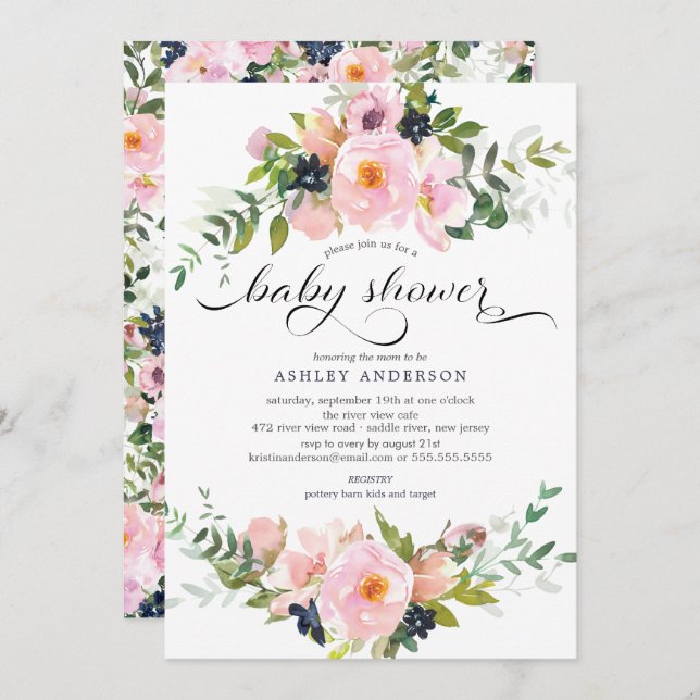 Blush Roses & Peonies Floral Baby Shower Invitation (Front/Back)