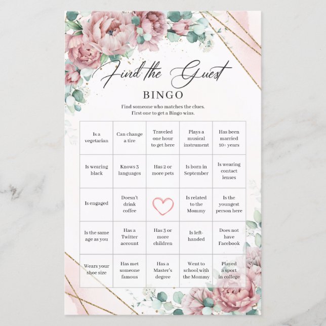 Blush roses peonies greenery Find The Guest Bingo (Front)
