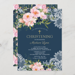 Blush Roses & Peonies Lace Christening Invitation