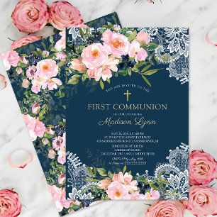 Blush Roses & Peonies Lace First Communion Invitation