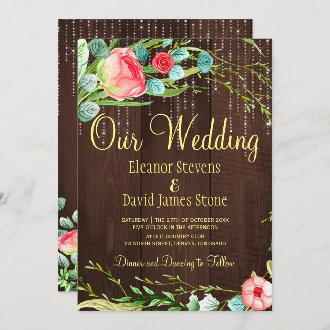 Blush roses rustic string lights barn wood wedding invitation (Front/Back)