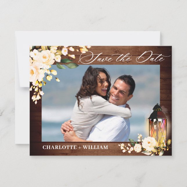 Blush Roses Rustic Wood Greenery Photo Wedding Save The Date (Front)