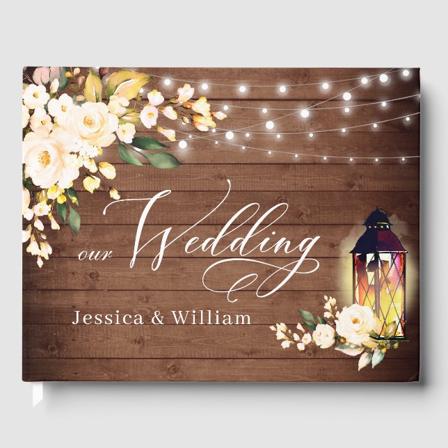Blush Roses Rustic Wood Lantern PHOTO Wedding Guest Book (Front)
