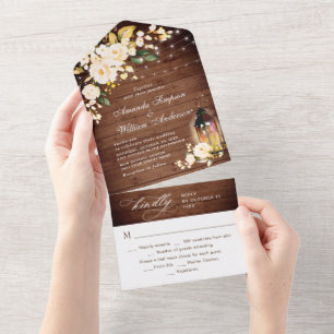 Blush Roses Rustic Wood Lantern Watercolor Wedding All In One Invitation