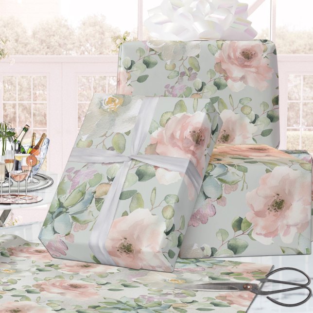Blush Roses Succulents Sage Eucalyptus Wedding Wrapping Paper (Creator Uploaded)