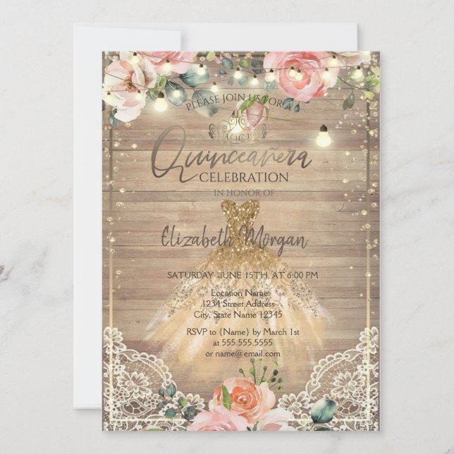 Blush Roses,Tiara,Lights,Dress Wood Quinceañera Invitation (Front)