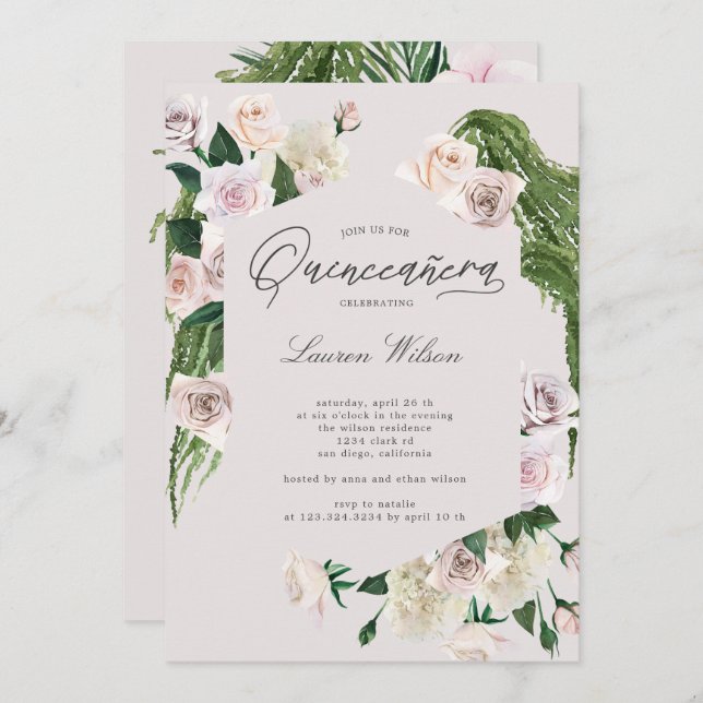 blush roses tropical floral Quinceanera Invitation (Front/Back)