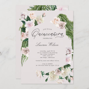 blush roses tropical floral Quinceanera Invitation