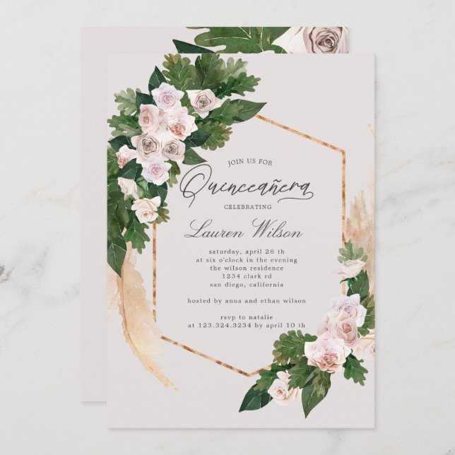 blush roses tropical floral Quinceanera Invitation (Front/Back)