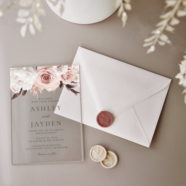 Blush Roses & White Flowers Wedding Acrylic Invitations (Creator Uploaded)