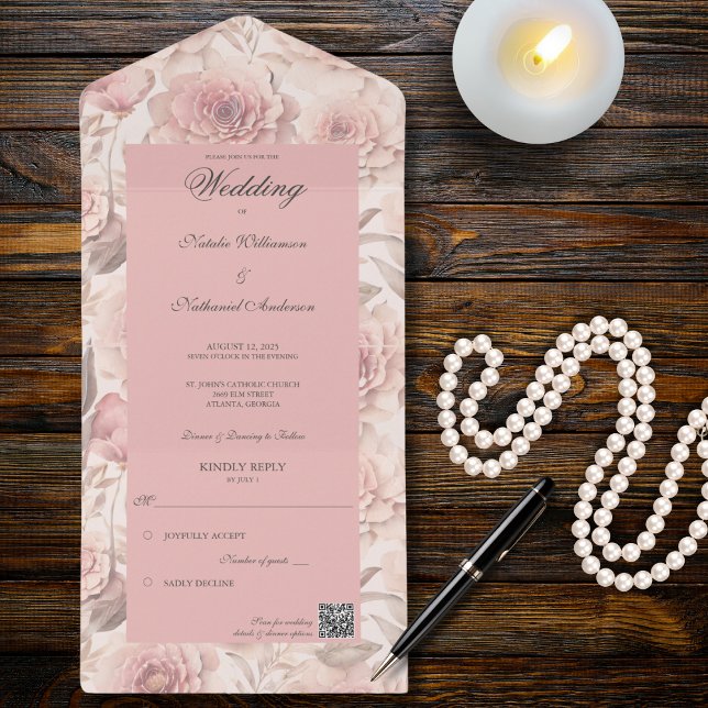 Blush Roses with QR Code  All In One Invitation (Creator Uploaded)