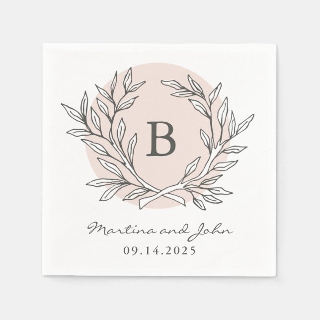 Blush Rustic Monogram Wreath Paper Cocktail Napkin (Front)