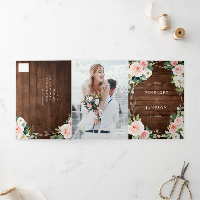 Blush Rustic Wood Floral Geometric Botanical Tri-F Tri-Fold Programme (Outside)