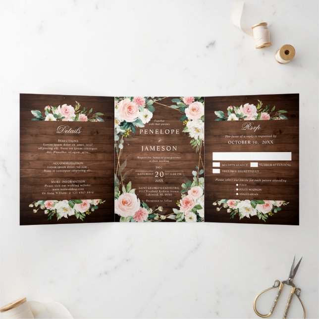 Blush Rustic Wood Floral Geometric Botanical Tri-Fold Programme (Inside)